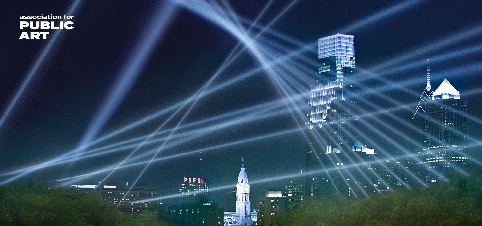 [One-of-a-kind light show featuring 24 robotic searchlights creating a light sculpture in the night sky over Philadelphia’s renowned museum parkway