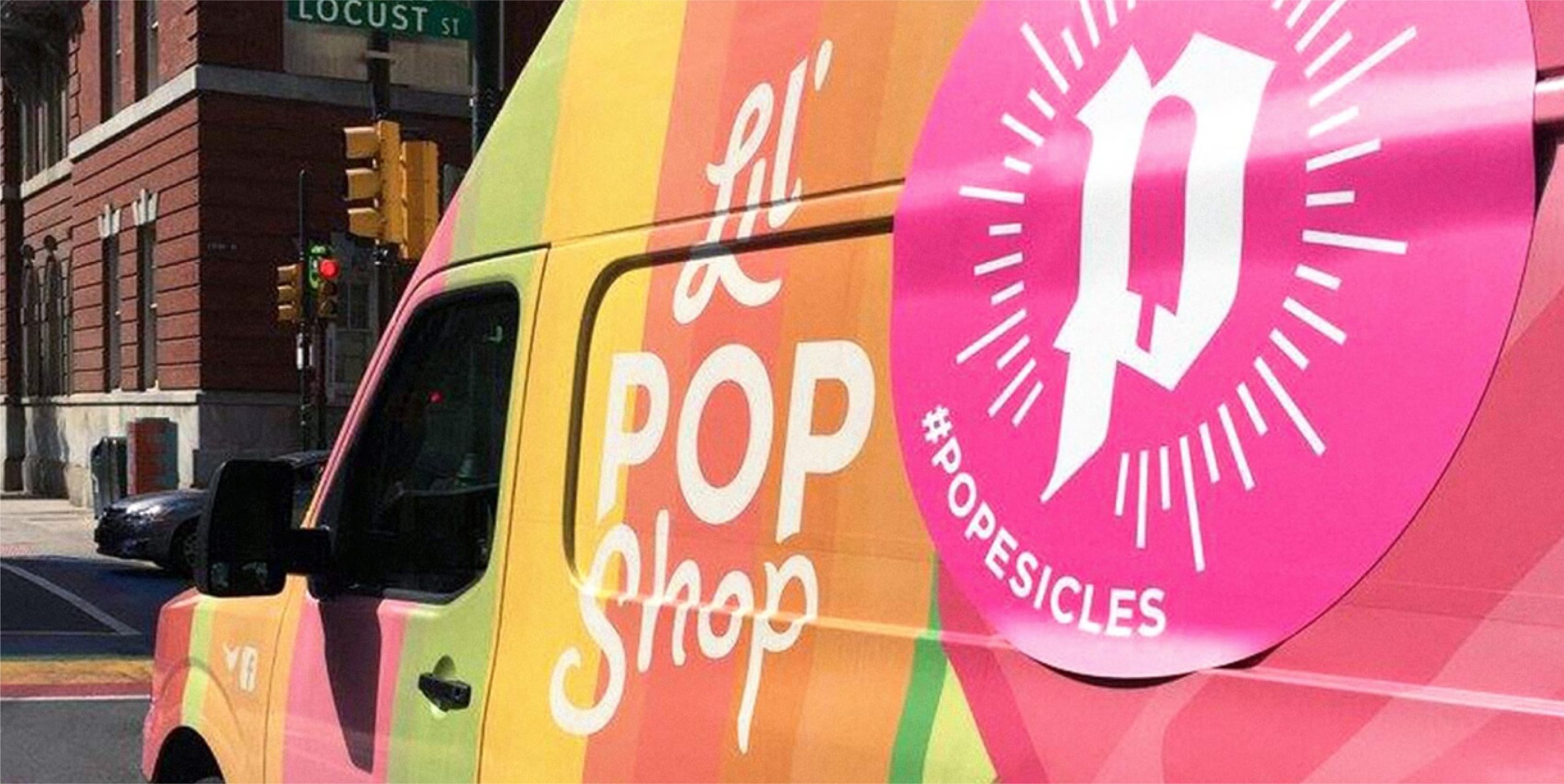 Close up of Philly’s Lil’ Pop Shop mobile popsicle van with #Popesicles signage